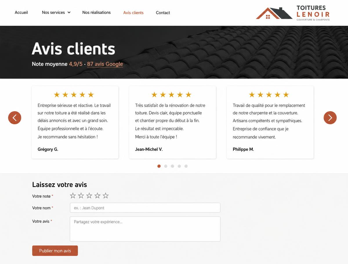 Exemple de page Avis clients d'un site d'artisan du bâtiment