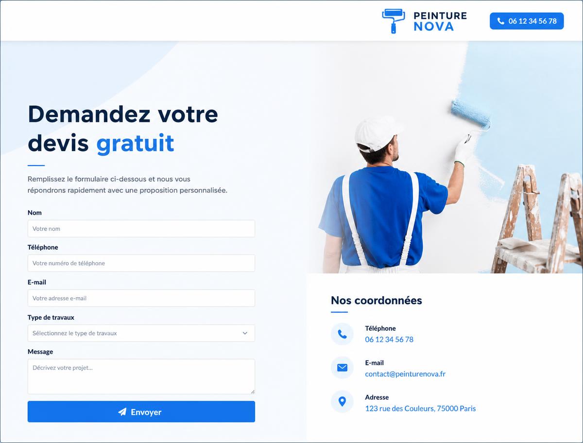 Exemple de page Demande de devis d'un site d'artisan du bâtiment
